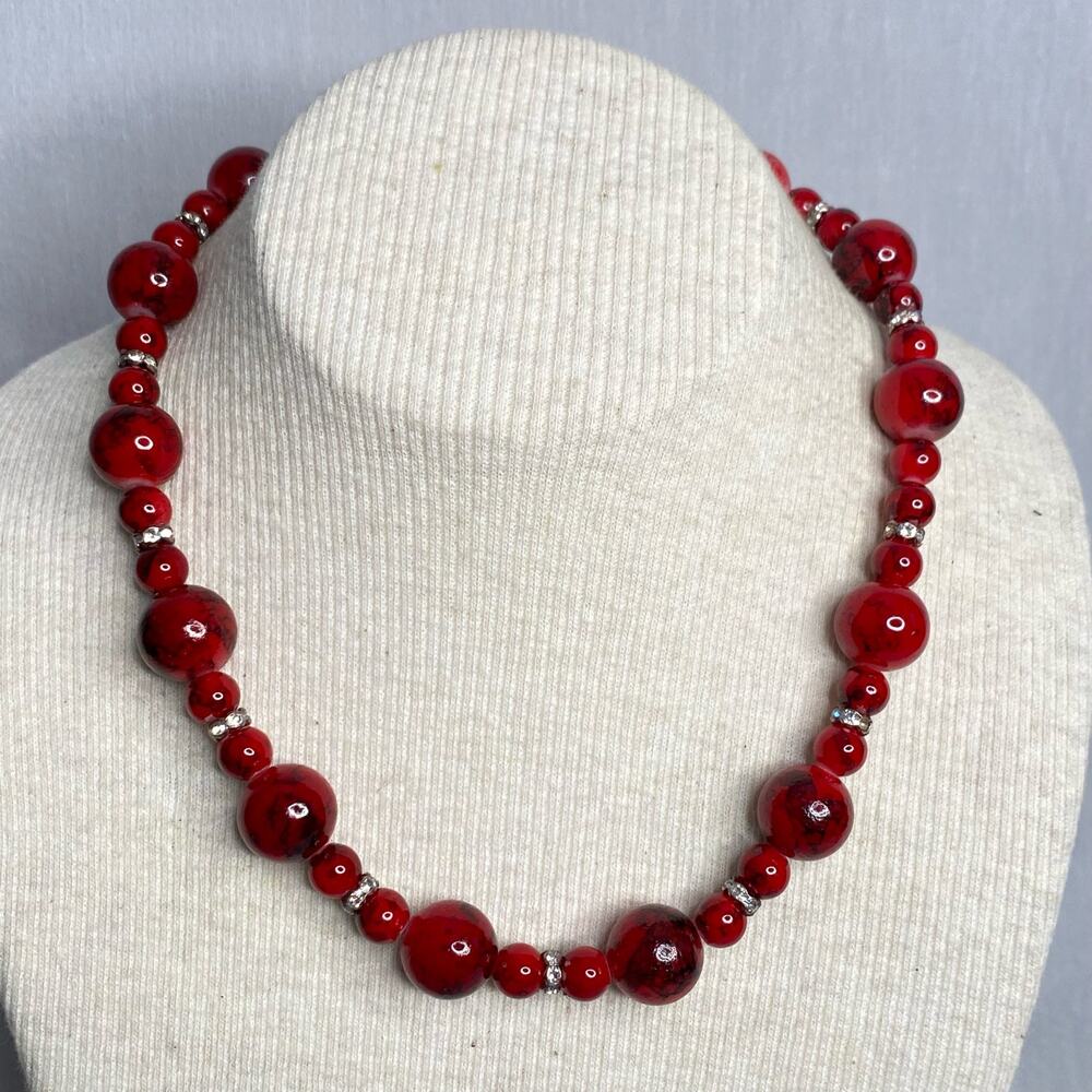 💎Red Bead Necklace Large And Small Marble Painted With Clear Rhinestone Rondelle